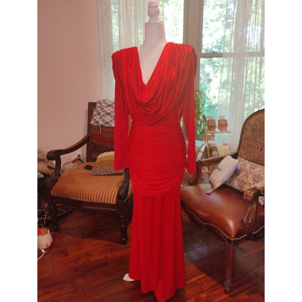 Women’s Red Draped Neck Ruched Open Back Long Sleeve Maxi Dress S/M New